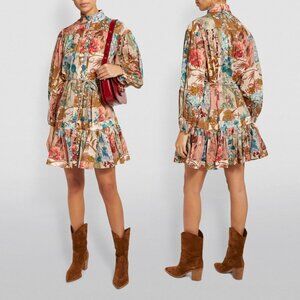 Zimmermann Cassia Blouson A-line Mini Dress Belted Floral Patchwork Size 2